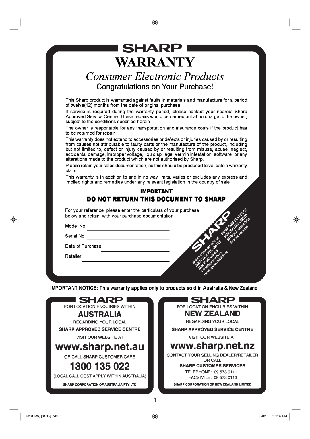 Sharp R-201T(W) Warranty, Consumer Electronic Products, 1300, Australia, New Zealand, Congratulations on Your Purchase 