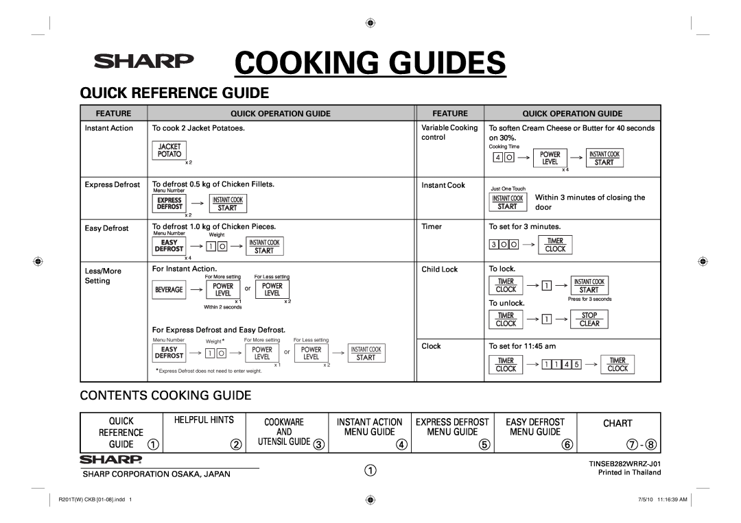 Sharp R-201T(W) Feature, Quick Operation Guide, Cooking Guides, Quick Reference Guide, Contents Cooking Guide, Chart 