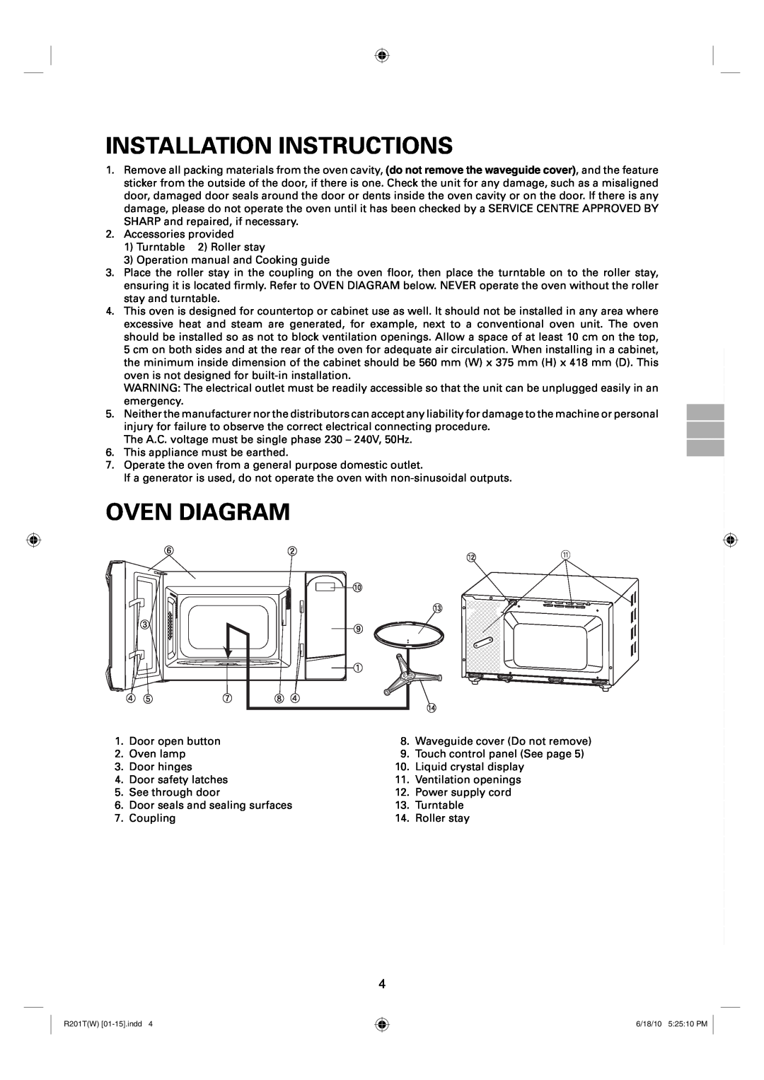 Sharp R-222T(W), R-201T(W) operation manual Installation Instructions, Oven Diagram 