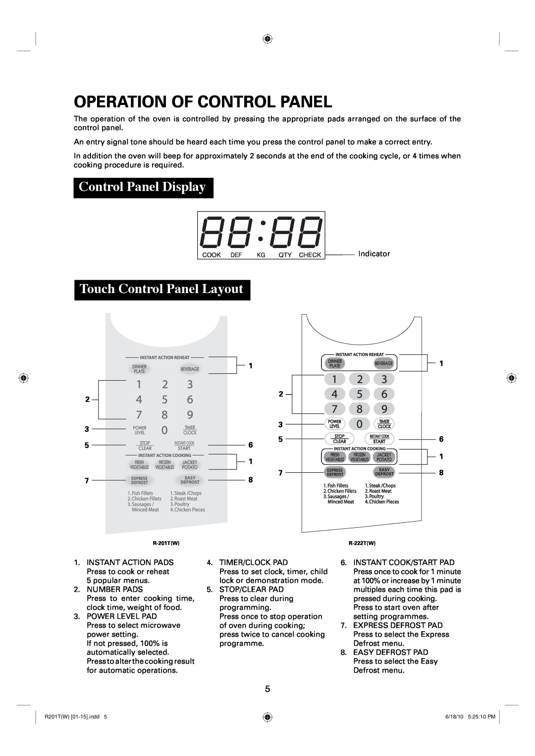 Sharp R-201T(W), R-222T(W) operation manual Operation Of Control Panel, Control Panel Display, Touch Control Panel Layout 
