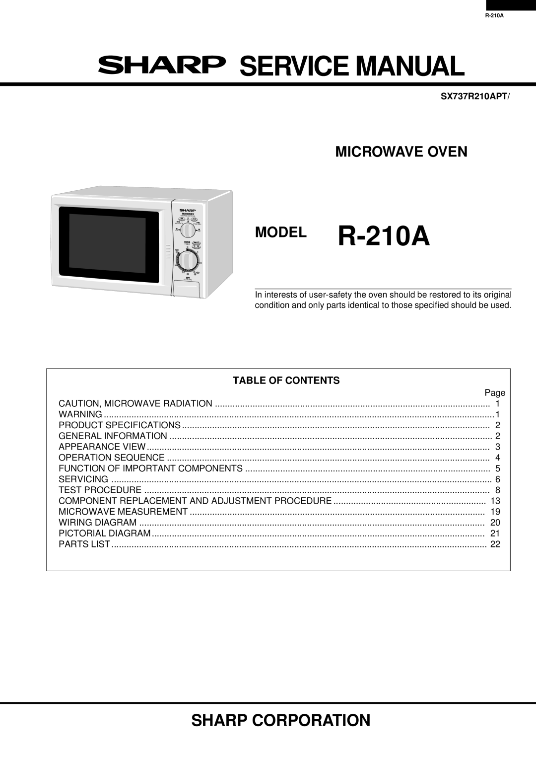 Sharp specifications Model R-210A, Table of Contents 