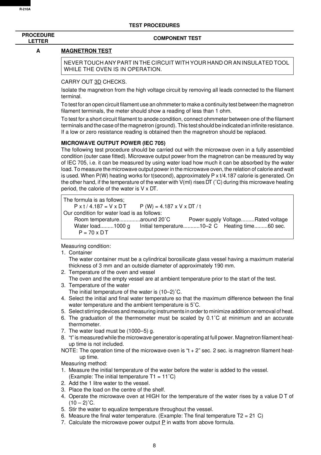 Sharp R-210A specifications Test Procedures Letter Component Test Magnetron Test, Microwave Output Power IEC 