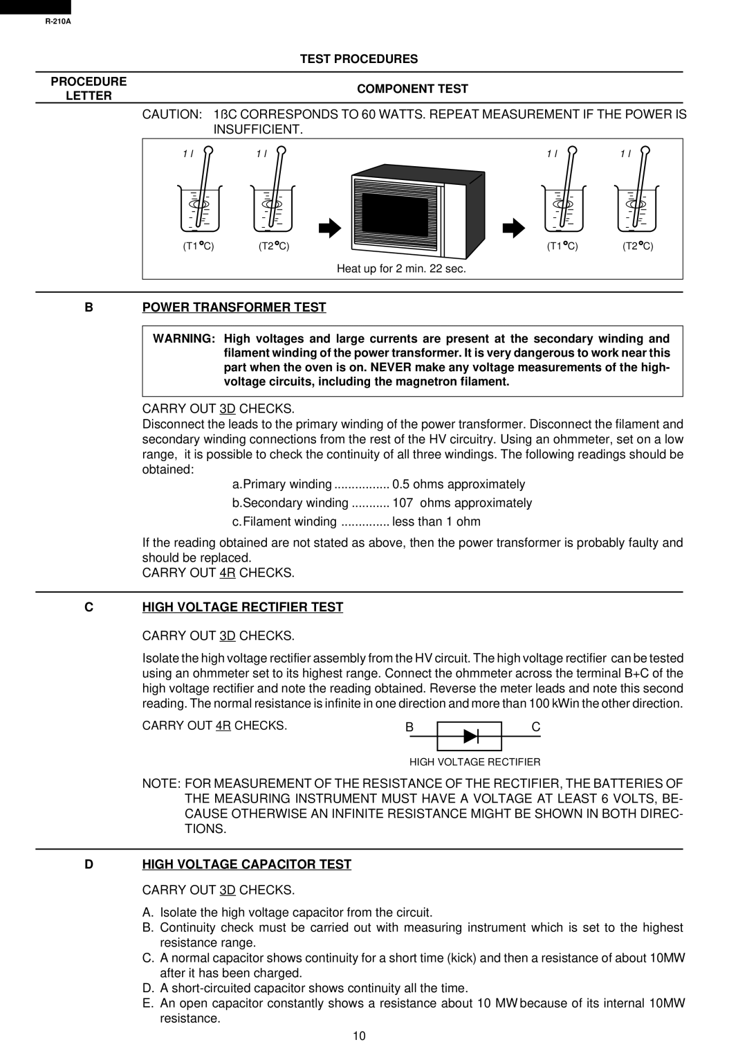 Sharp R-210A specifications Test Procedures Letter Component Test, Power Transformer Test, Carry OUT 4R Checks 