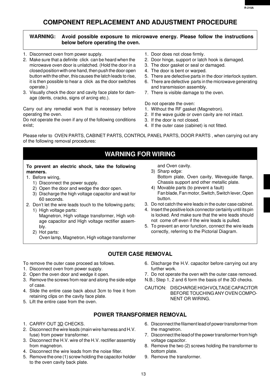 Sharp R-210A Component Replacement and Adjustment Procedure, Outer Case Removal, Power Transformer Removal, Manners 