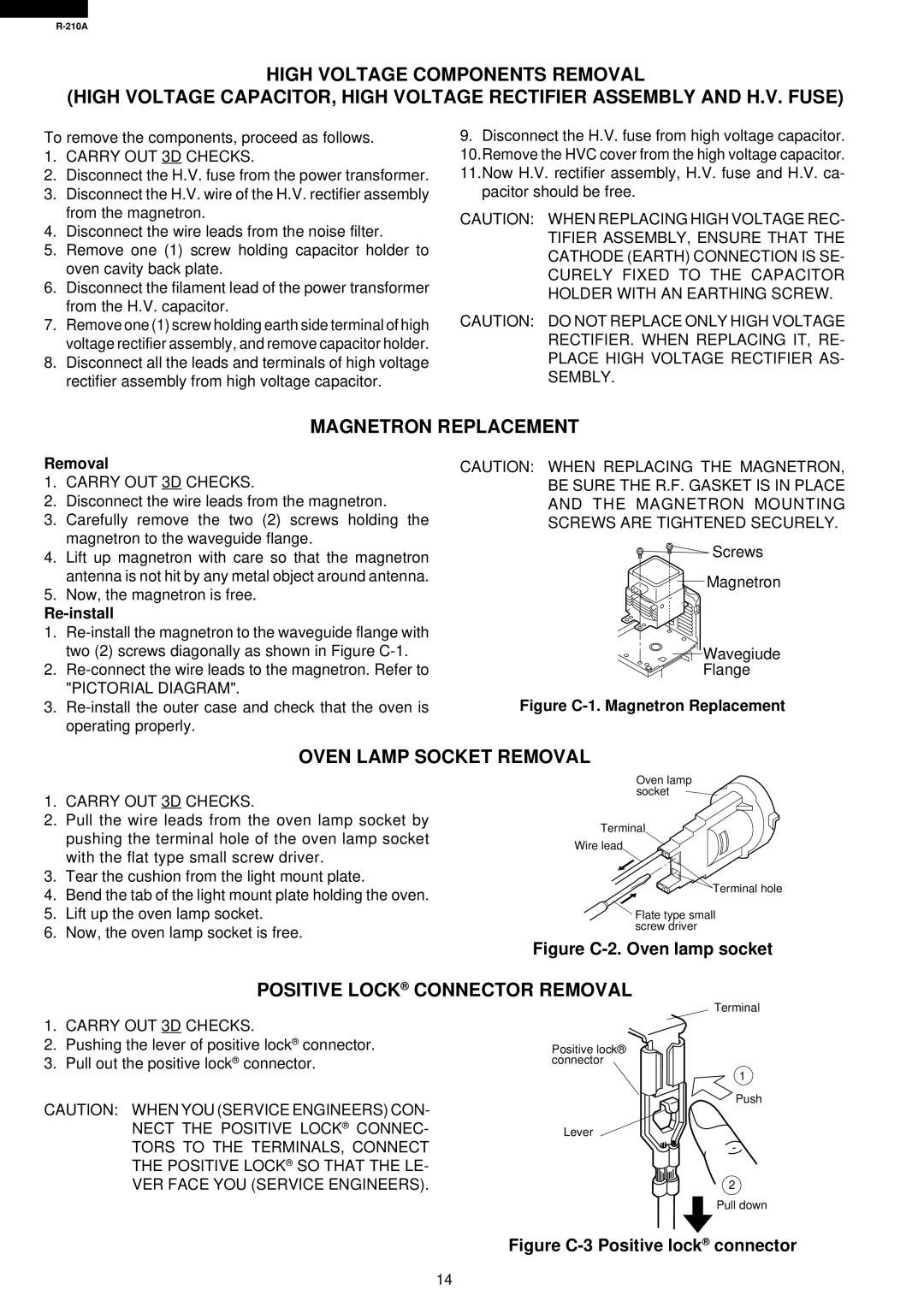 Sharp R-210A specifications Magnetron Replacement, Oven Lamp Socket Removal, Positive Lock Connector Removal, Re-install 