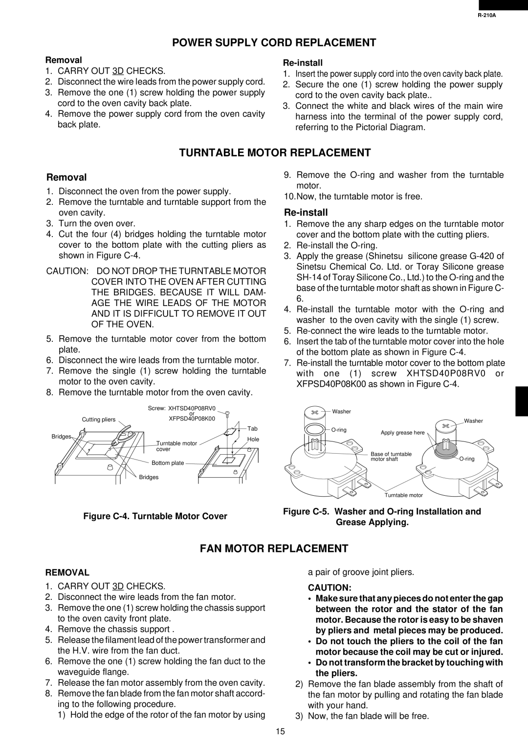 Sharp R-210A specifications Power Supply Cord Replacement, Turntable Motor Replacement, FAN Motor Replacement, Removal 