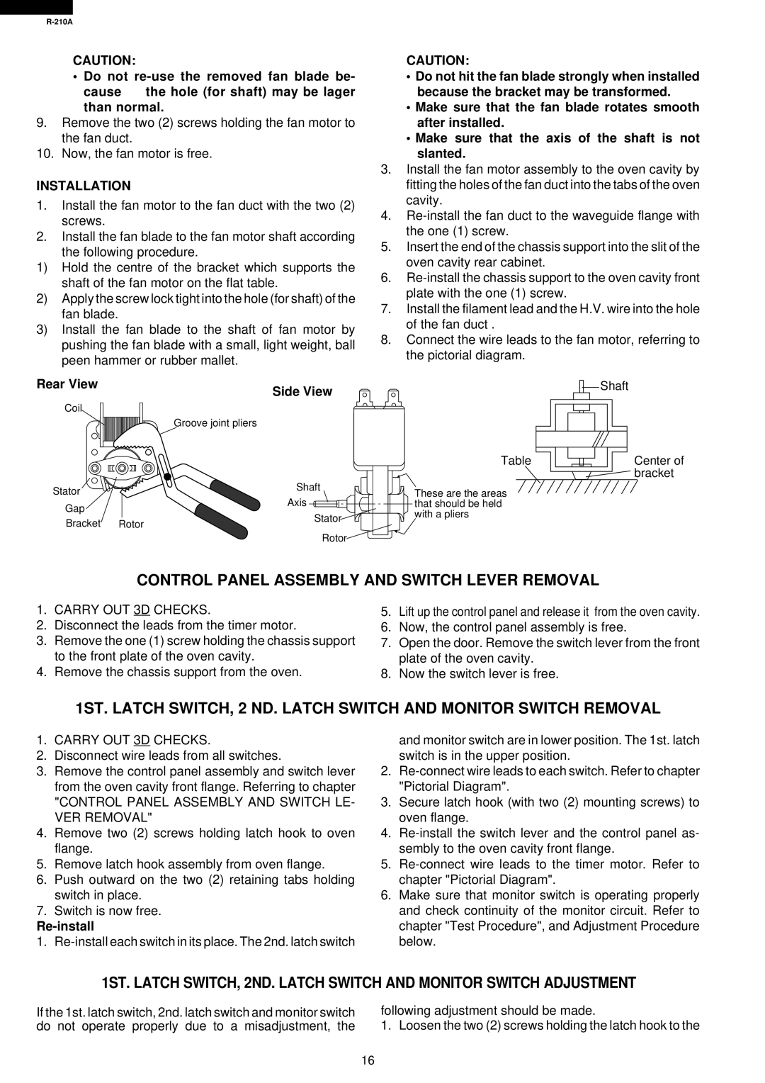 Sharp R-210A specifications Control Panel Assembly and Switch Lever Removal, Installation, Rear View, Side View 