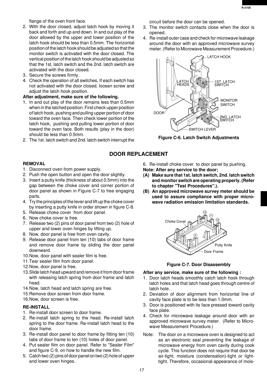 Sharp R-210A specifications Door Replacement, After adjustment, make sure of the following, Re-Install 