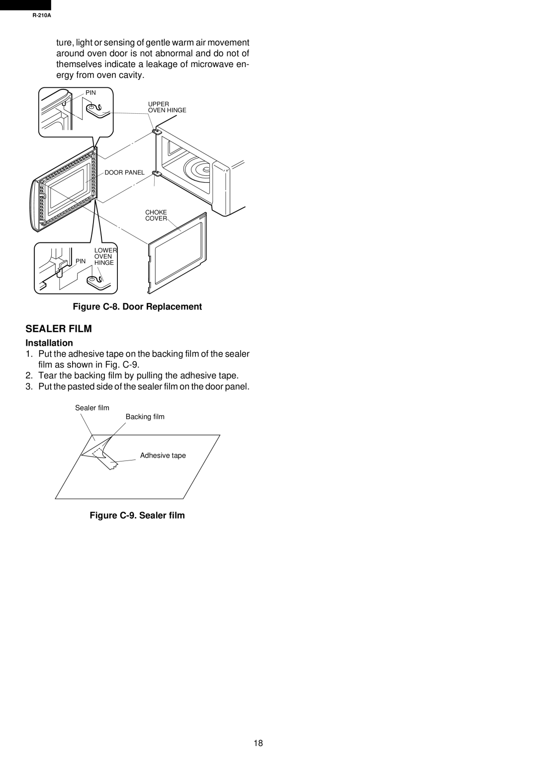 Sharp R-210A specifications Sealer Film, Installation 