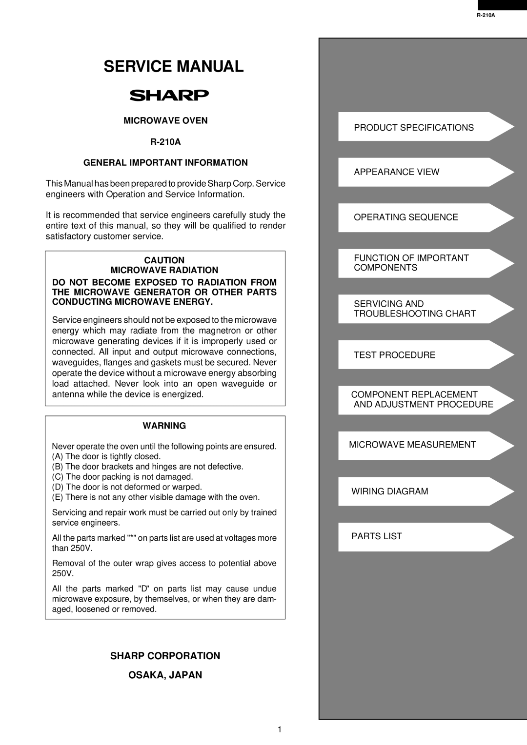 Sharp R-210A specifications Sharp Corporation OSAKA, Japan, Microwave Oven, General Important Information 