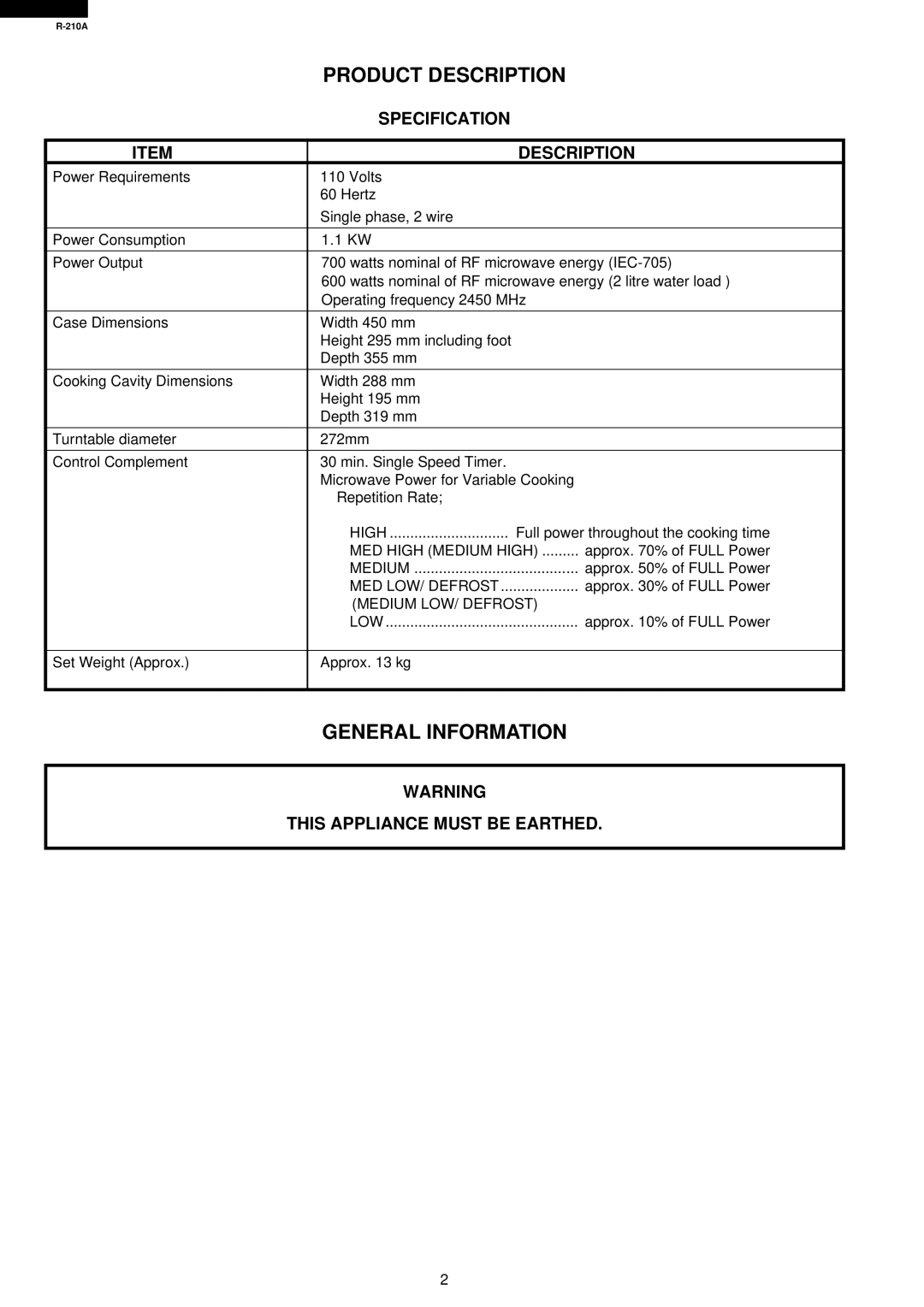 Sharp R-210A specifications Specification, This Appliance Must be Earthed, Medium LOW/ Defrost 