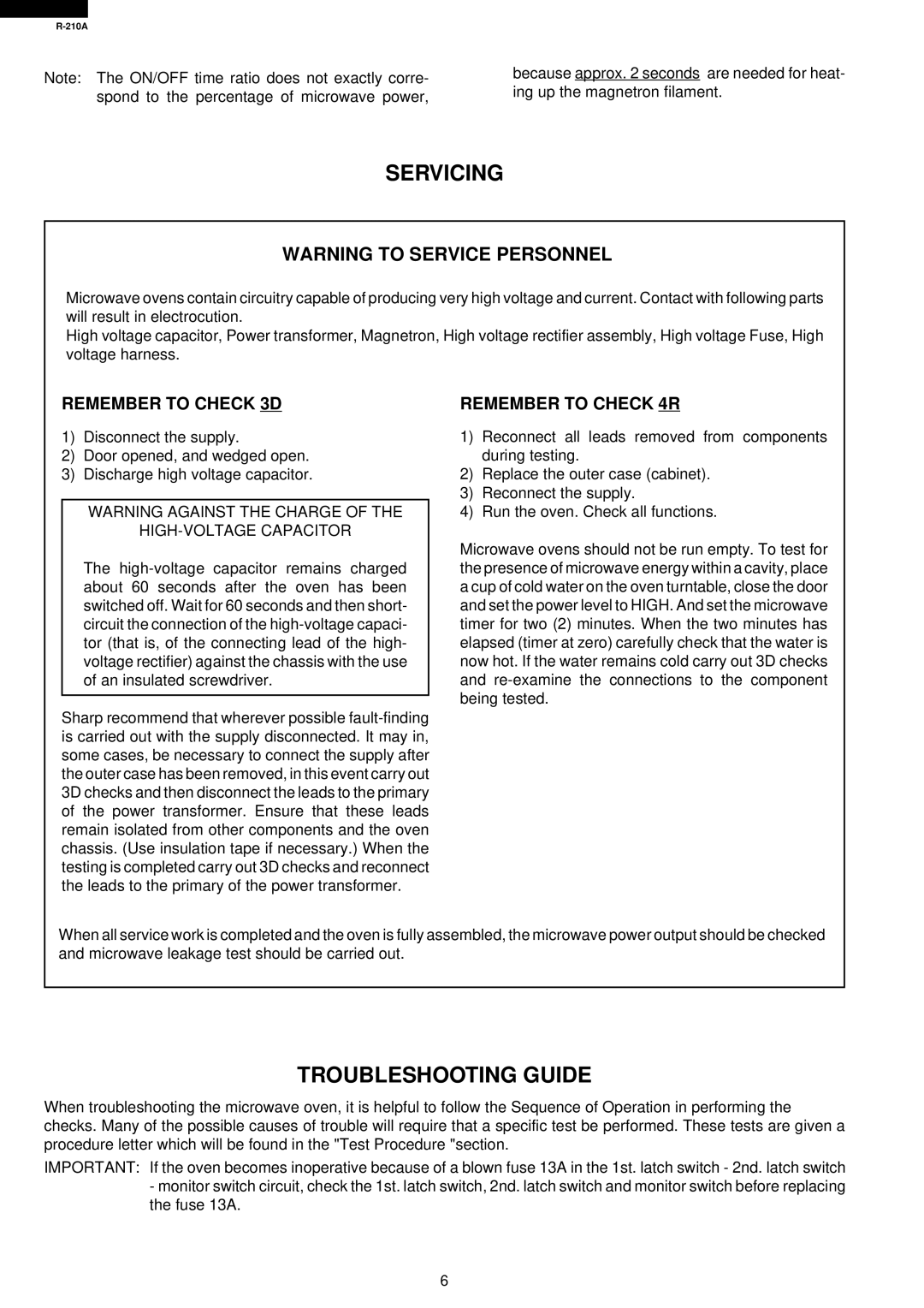 Sharp R-210A Servicing, Troubleshooting Guide, Remember to Check 3D, Remember to Check 4R, HIGH-VOLTAGE Capacitor 