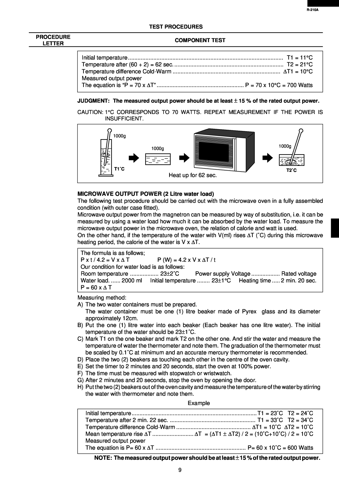 Sharp R-210A specifications Test Procedures, Component Test, Letter, MICROWAVE OUTPUT POWER 2 Litre water load 