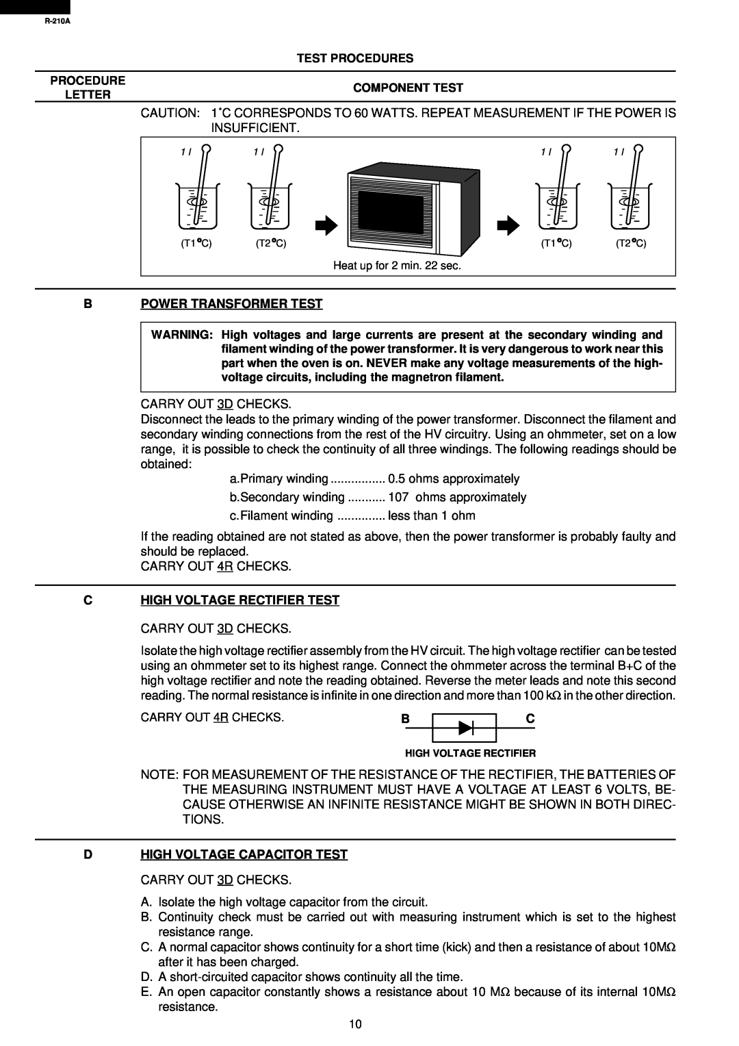 Sharp R-210A specifications Test Procedures Procedure, Letter, Component Test, Bpower Transformer Test 