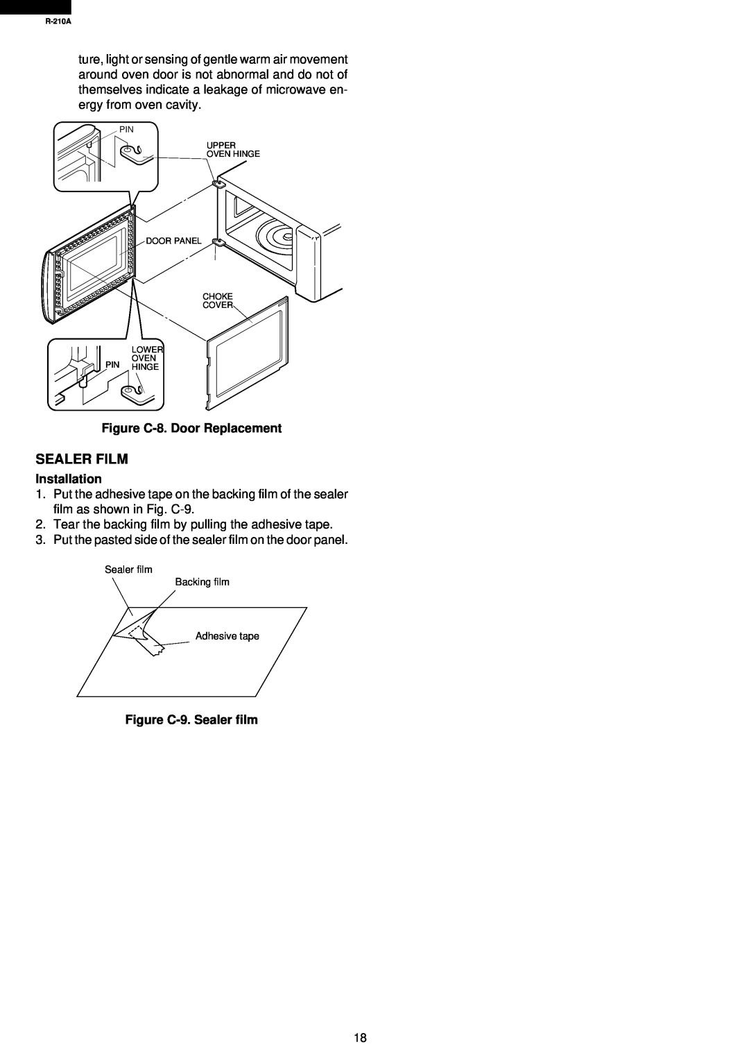Sharp R-210A specifications Sealer Film, Figure C-8.Door Replacement, Installation, Figure C-9.Sealer film 