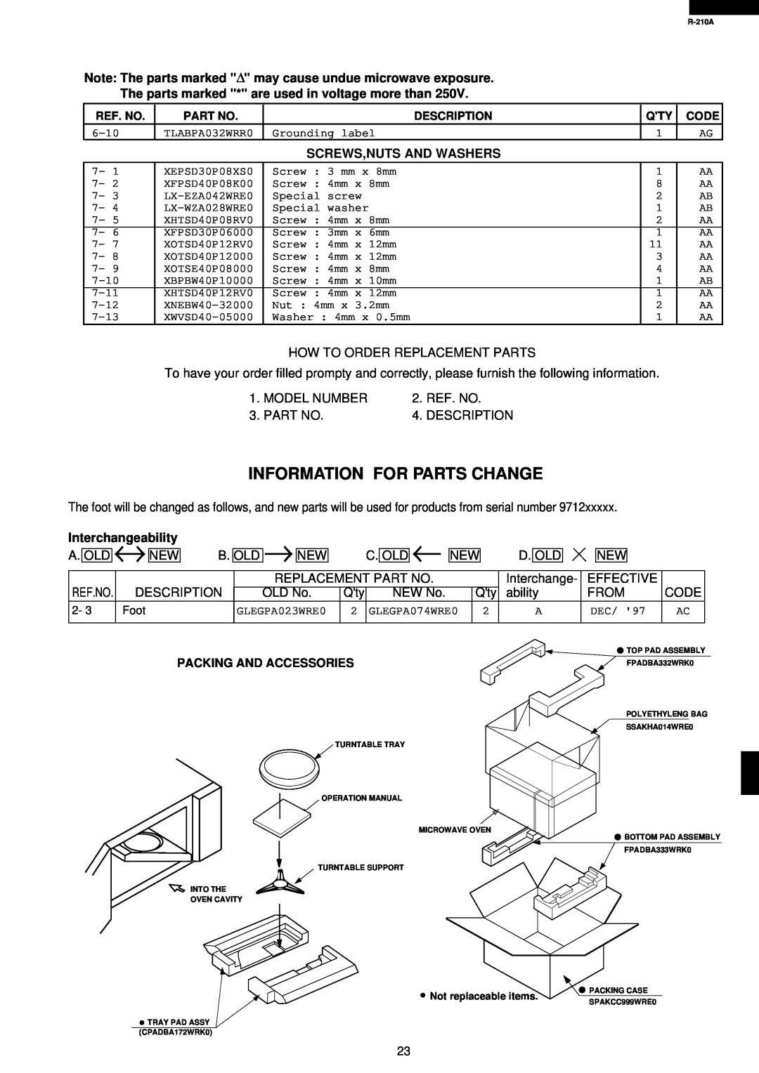 Sharp R-210A Information For Parts Change, The parts marked * are used in voltage more than, Screws,Nuts And Washers 