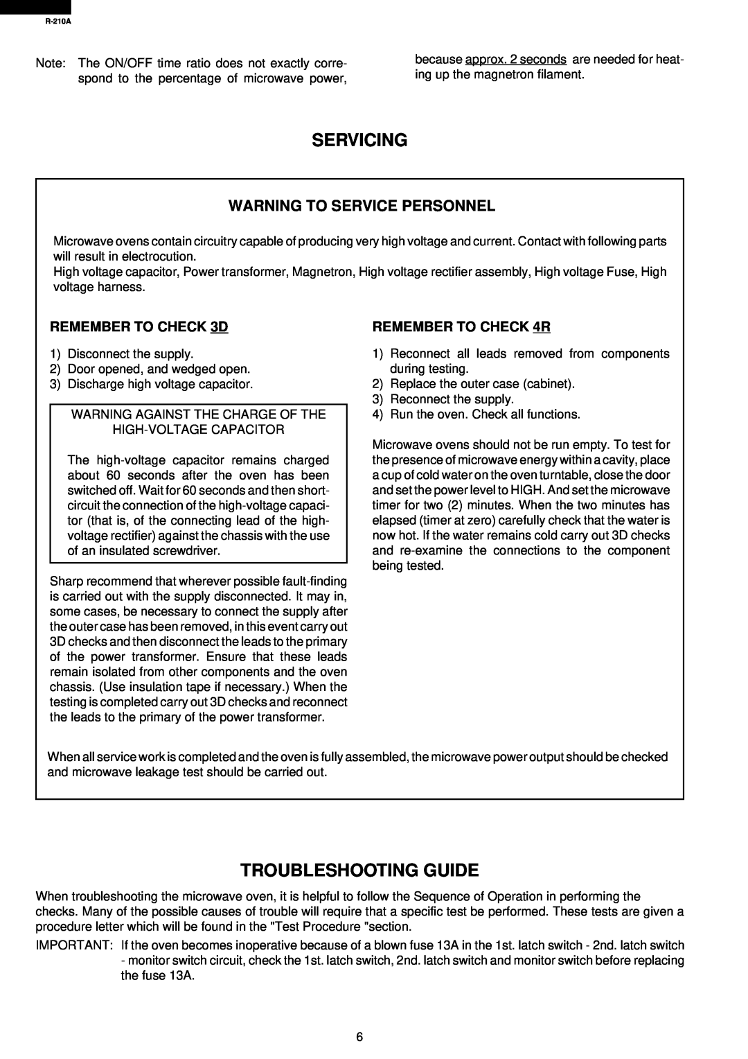 Sharp R-210A Servicing, Troubleshooting Guide, Warning To Service Personnel, REMEMBER TO CHECK 3D, REMEMBER TO CHECK 4R 