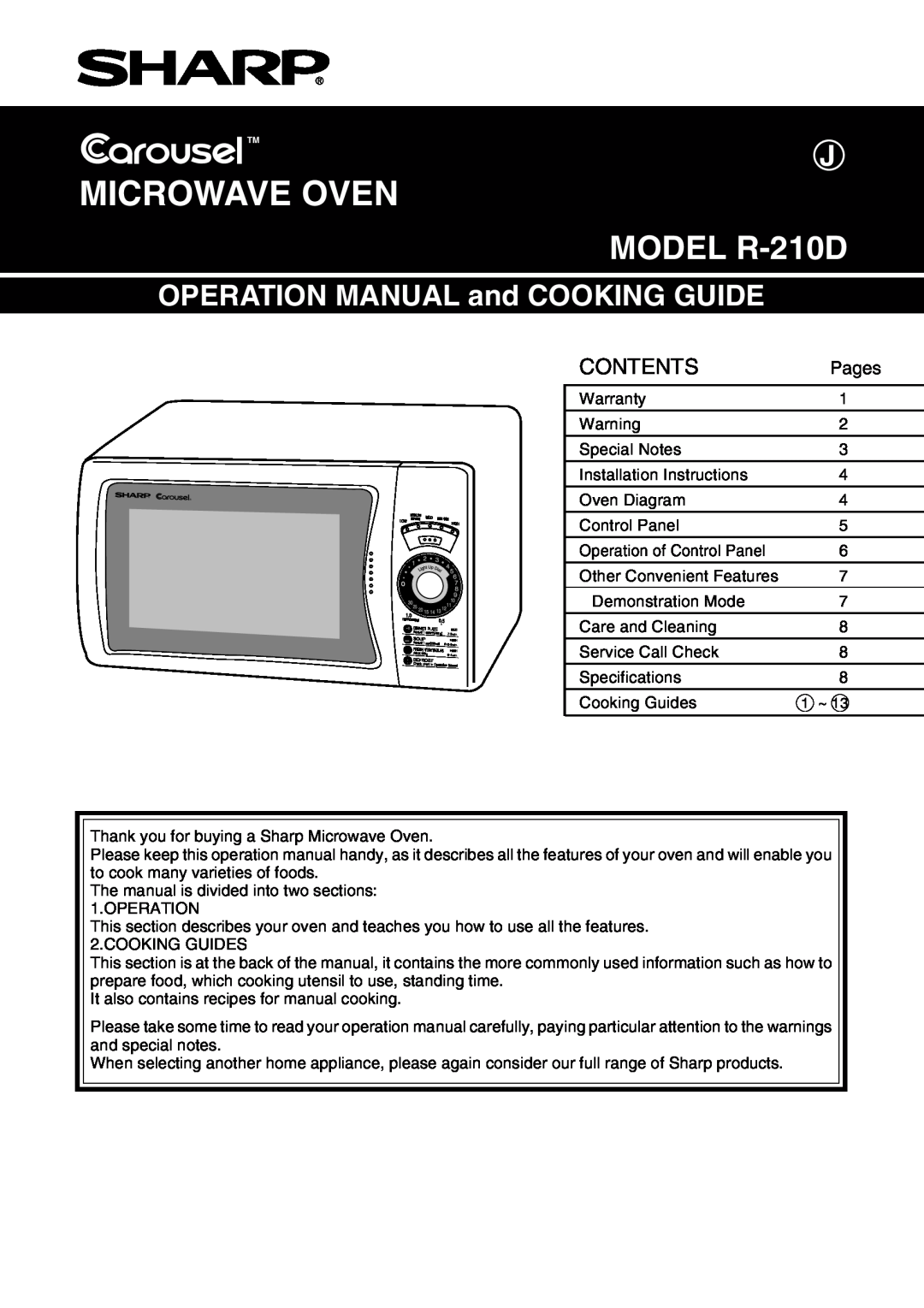 Sharp operation manual Pages, Microwave Oven, MODEL R-210D, Contents 