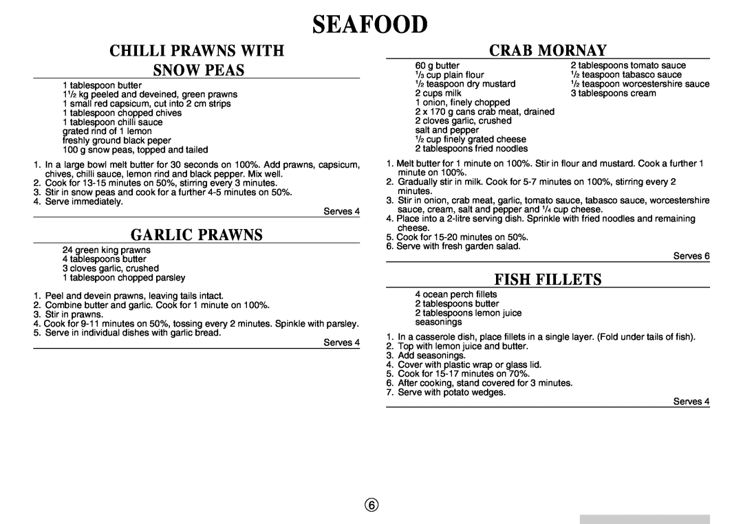 Sharp R-210D operation manual Seafood, Chilli Prawns With Snow Peas, Garlic Prawns, Crab Mornay, Fish Fillets 
