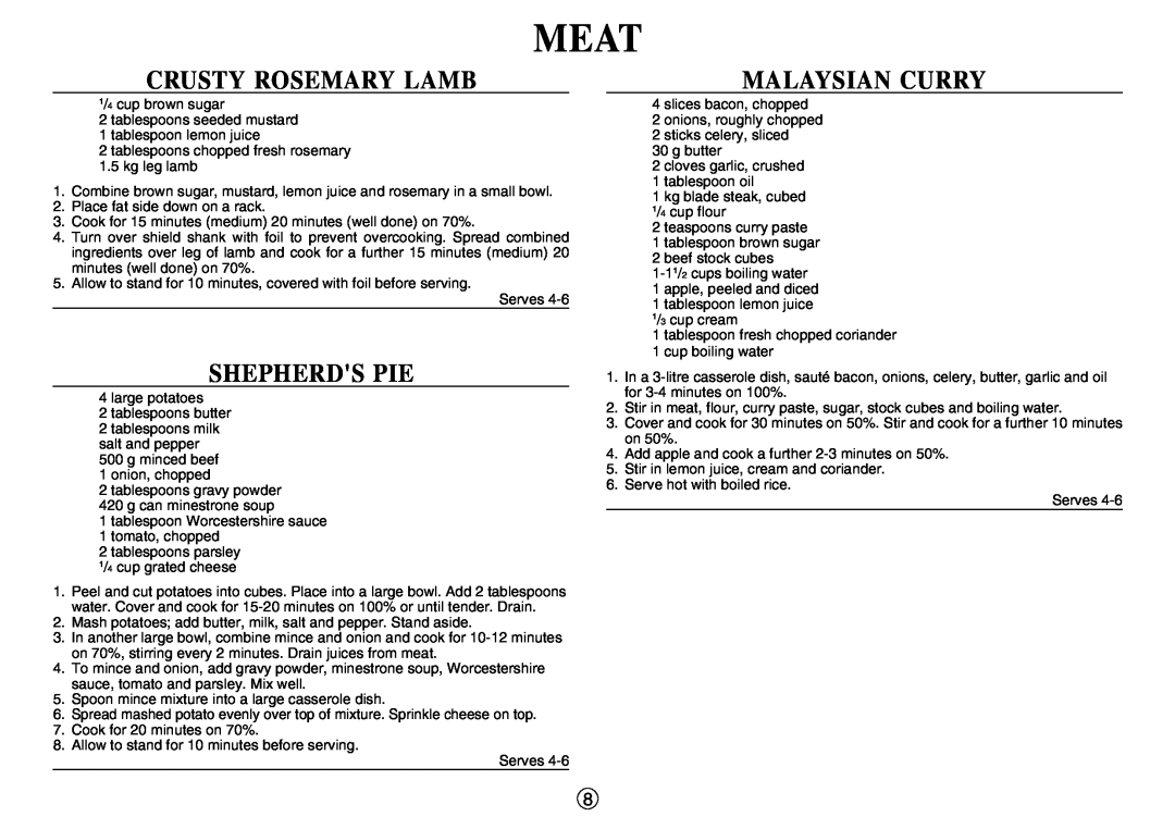 Sharp R-210D operation manual Meat, Crusty Rosemary Lamb, Shepherds Pie, Malaysian Curry 