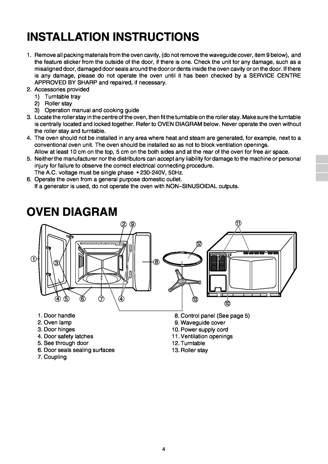 Sharp R-210D operation manual Installation Instructions, Oven Diagram 