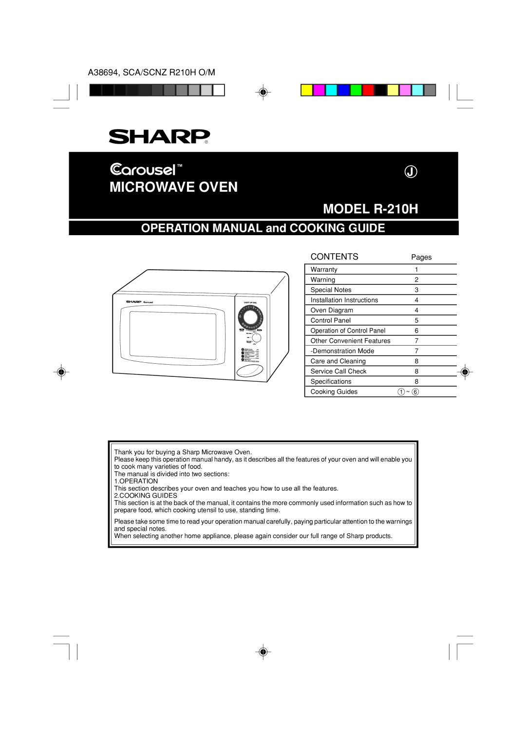 Sharp R-210H operation manual Microwave Oven 