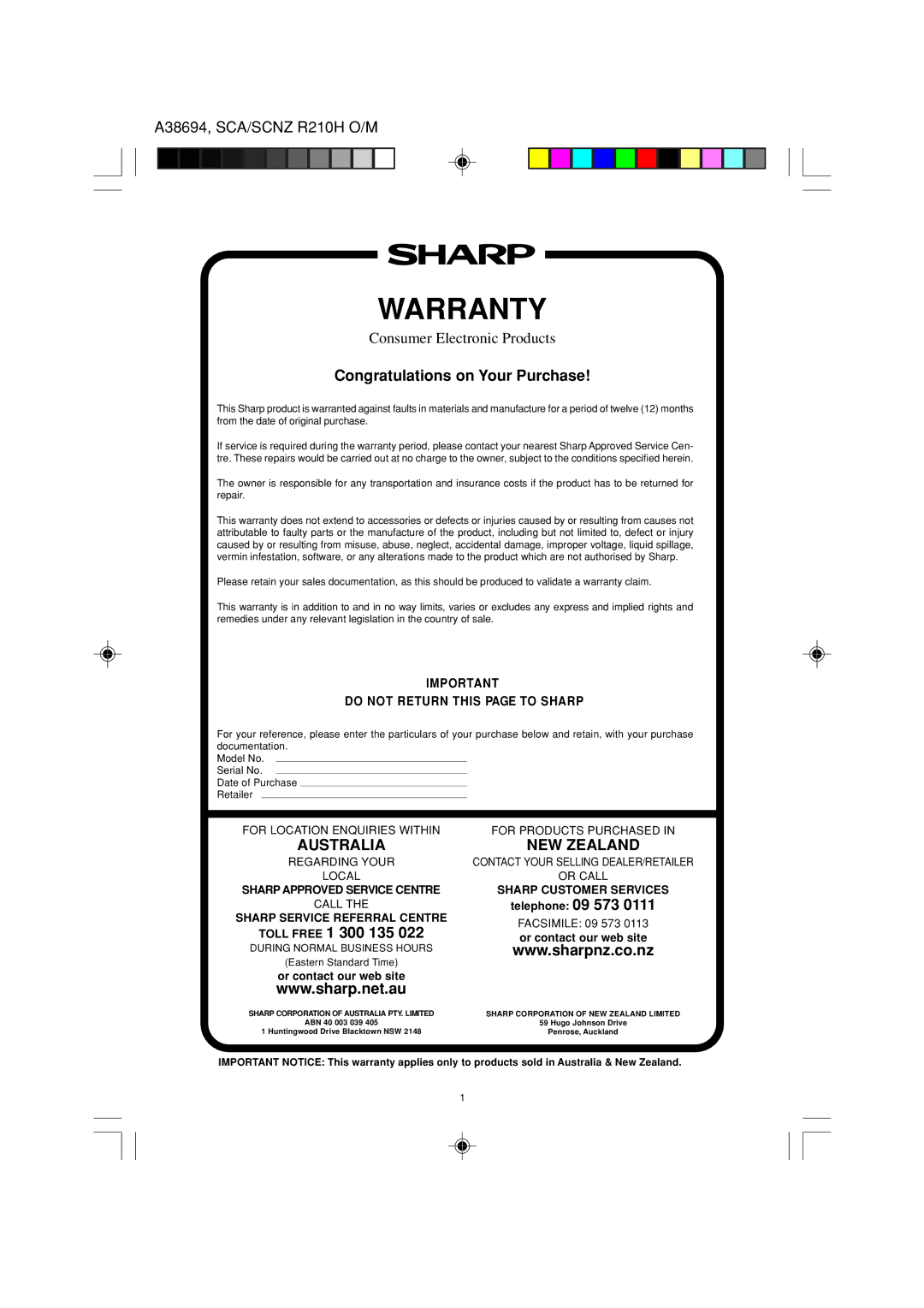 Sharp R-210H operation manual Warranty 