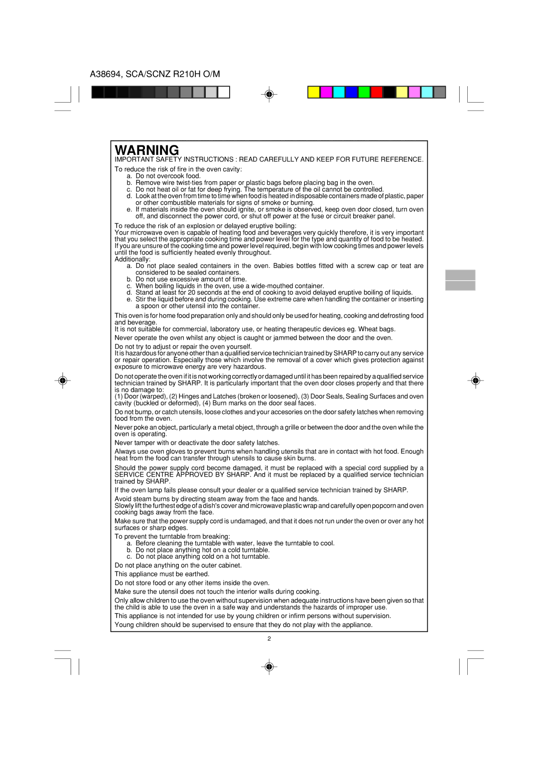 Sharp R-210H operation manual A38694, SCA/SCNZ R210H O/M 