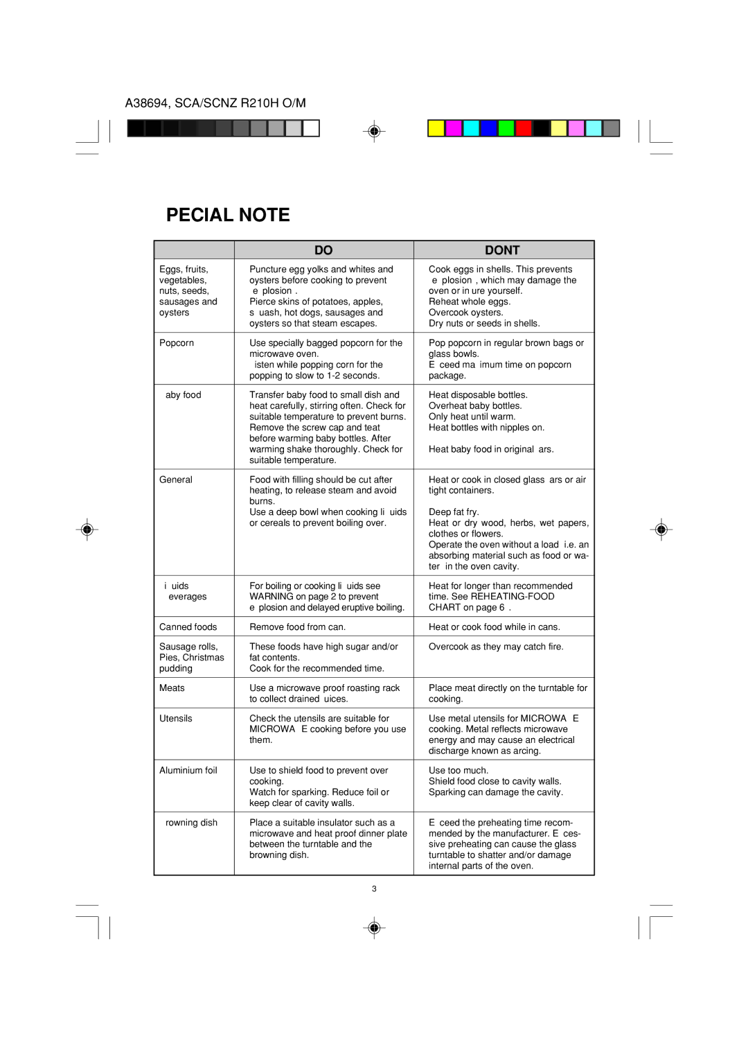 Sharp R-210H operation manual Special Notes, Don’T 