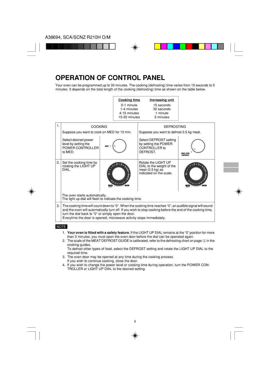 Sharp R-210H operation manual Operation of Control Panel, Cooking Defrosting, Dial 