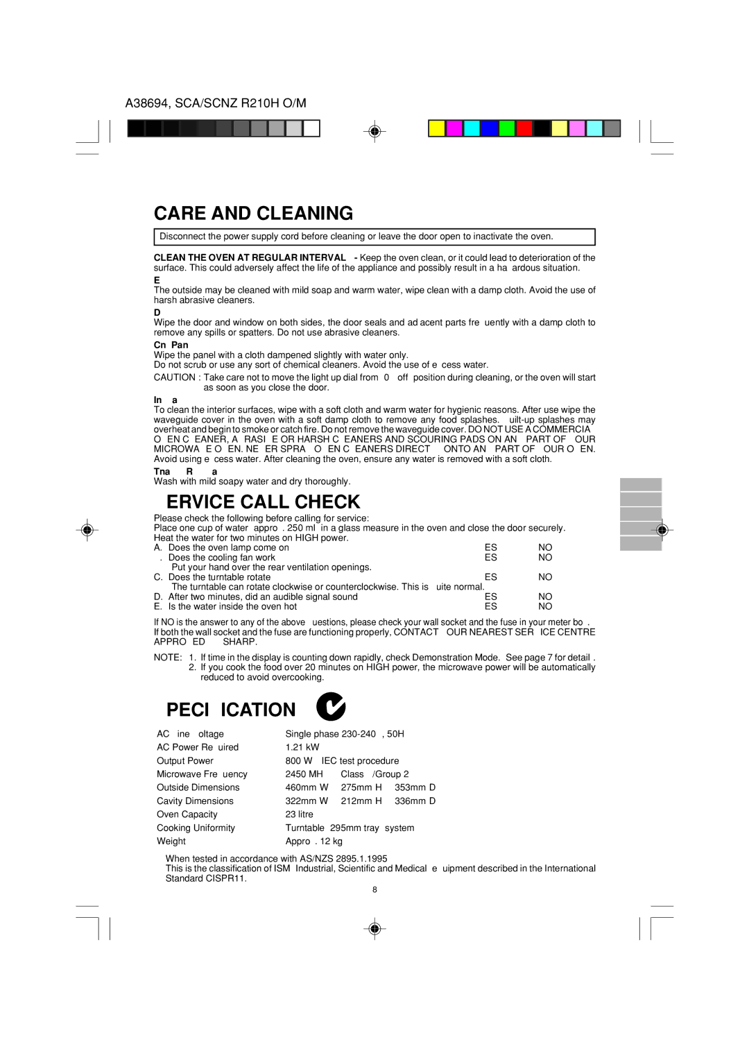 Sharp R-210H operation manual Care and Cleaning, Service Call Check, Specifications 