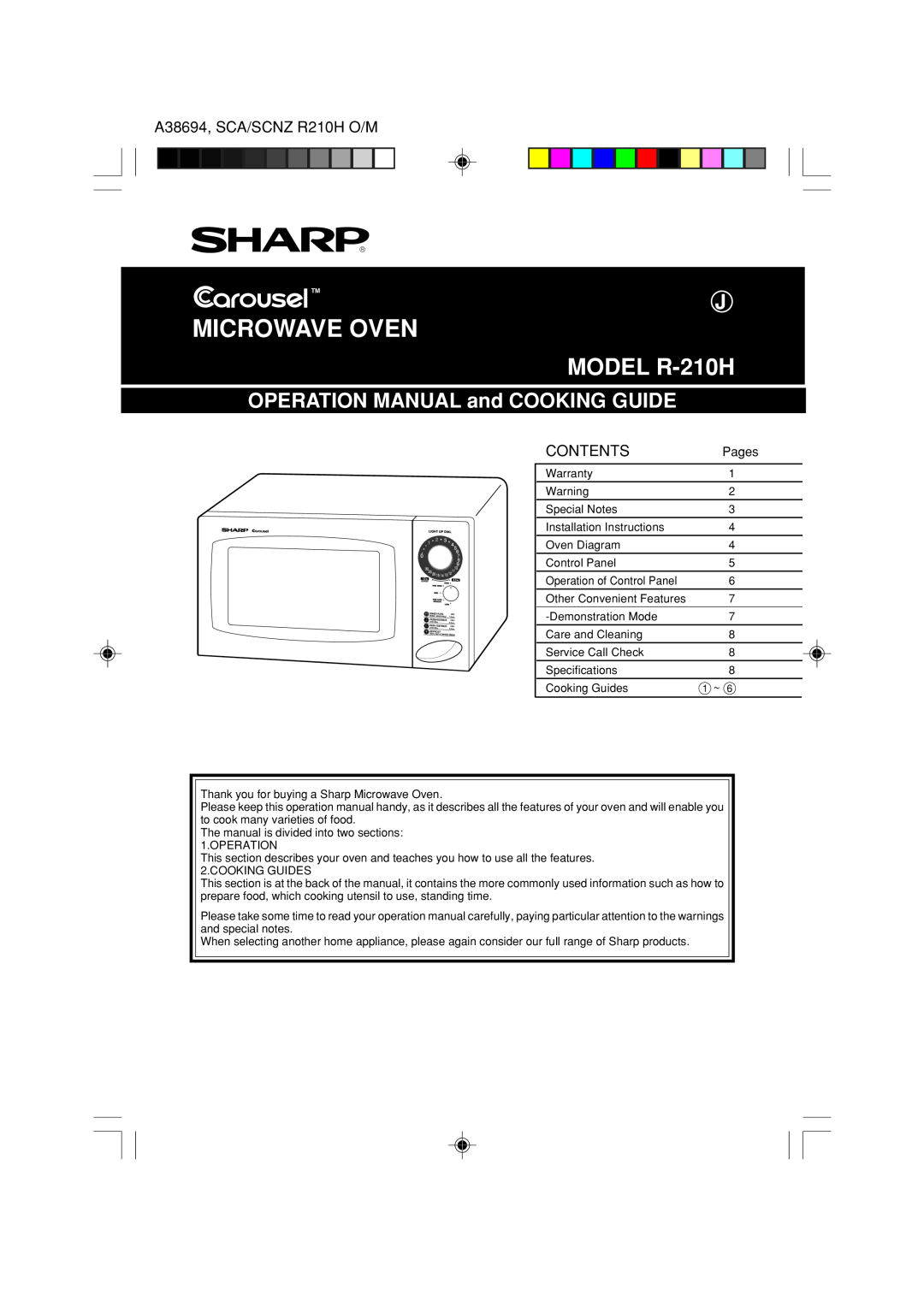 Sharp operation manual A38694, SCA/SCNZ R210H O/M, Contents, Microwave Oven, MODEL R-210H, Pages 