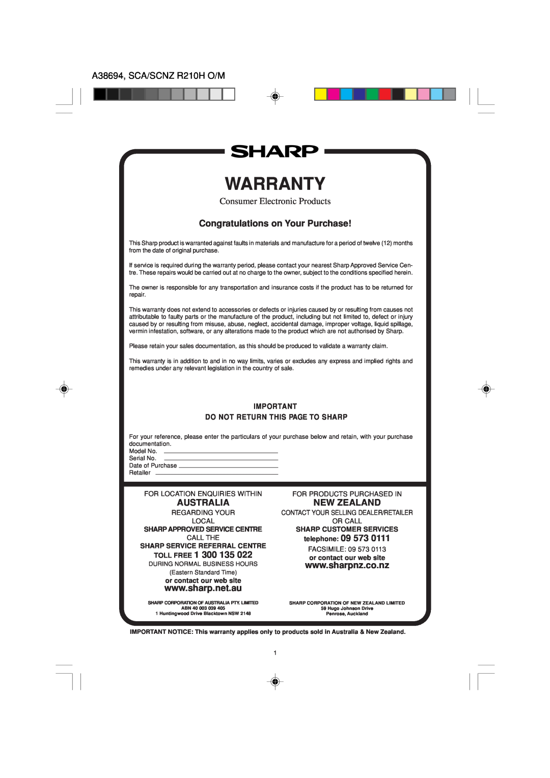 Sharp R-210H Congratulations on Your Purchase, Australia, New Zealand, TOLL FREE 1 300, telephone, Warranty 