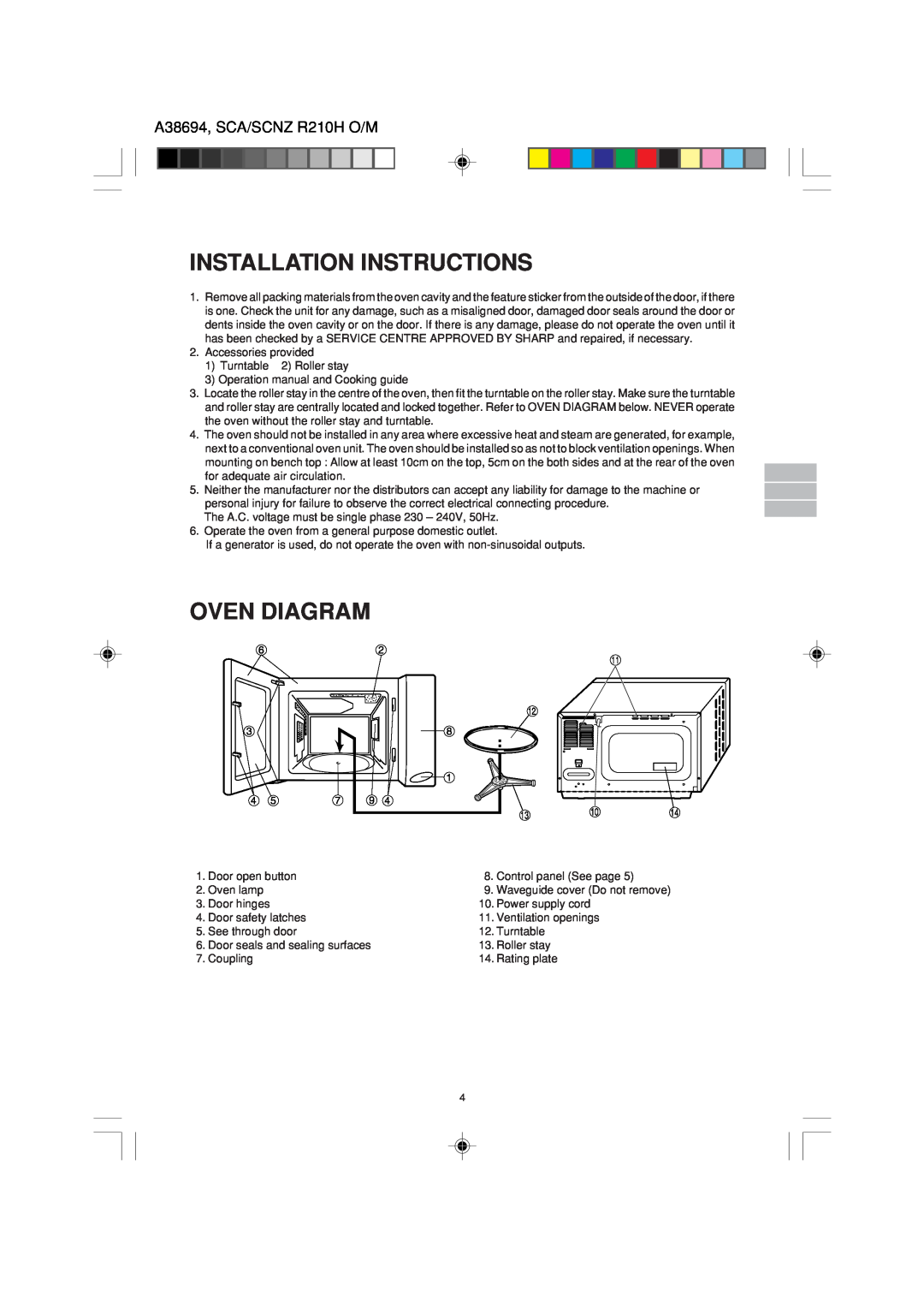 Sharp R-210H operation manual Installation Instructions, Oven Diagram, A38694, SCA/SCNZ R210H O/M 