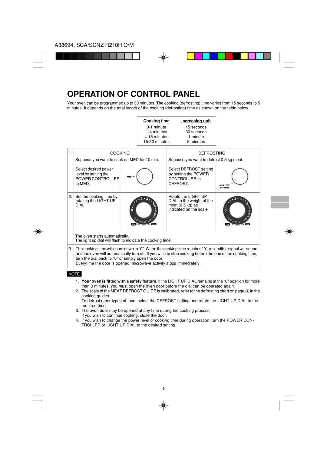 Sharp R-210H operation manual Operation Of Control Panel, A38694, SCA/SCNZ R210H O/M, Cooking time, Increasing unit 