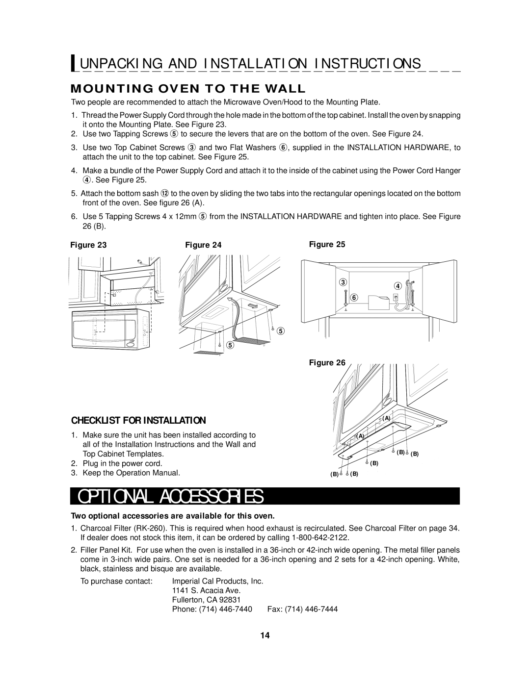 Sharp R-2120J, R-2130J manual T I O N a L a C C E S S O R I E S, Mounting Oven to the Wall, Checklist for Installation 