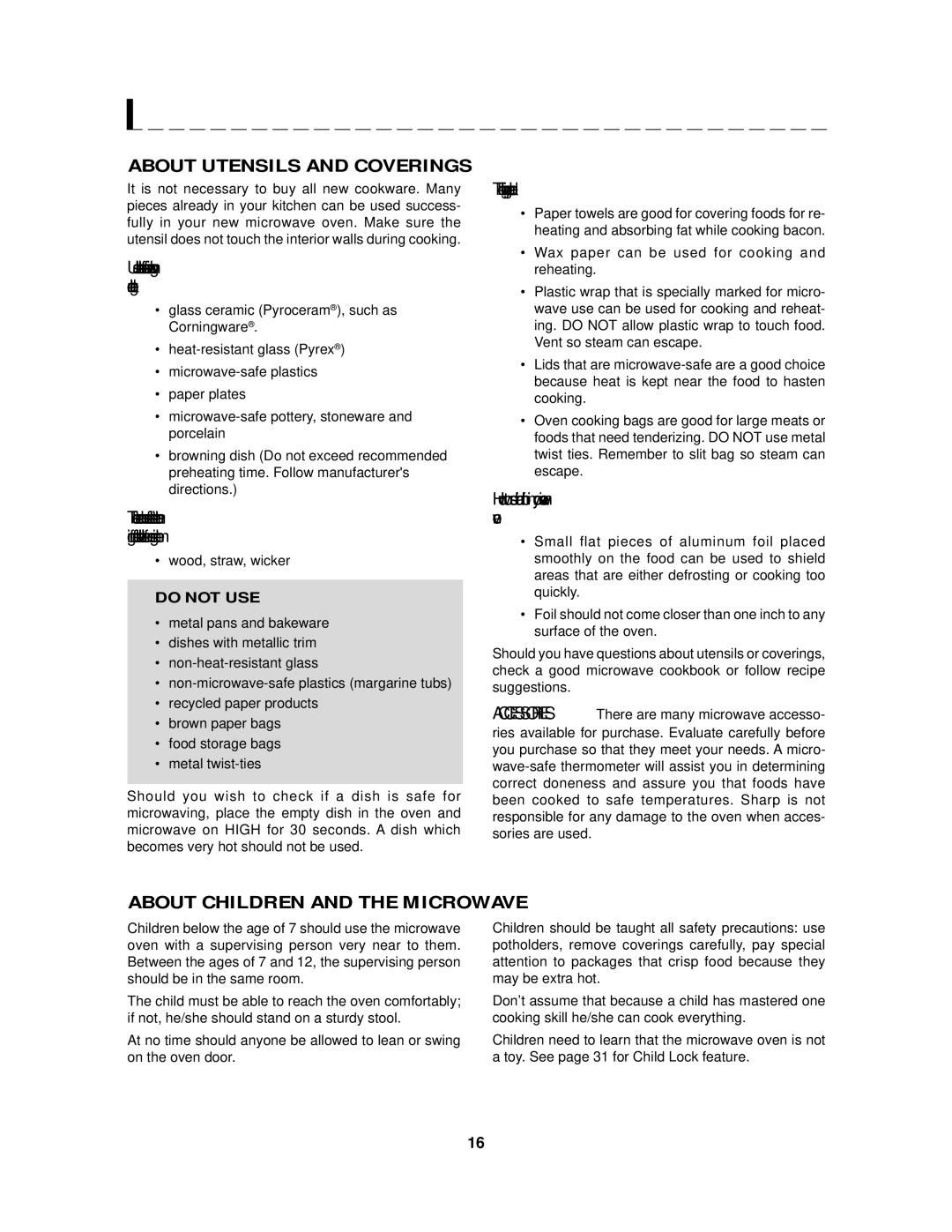 Sharp R-2120J, R-2130J manual About Utensils and Coverings, About Children and the Microwave 