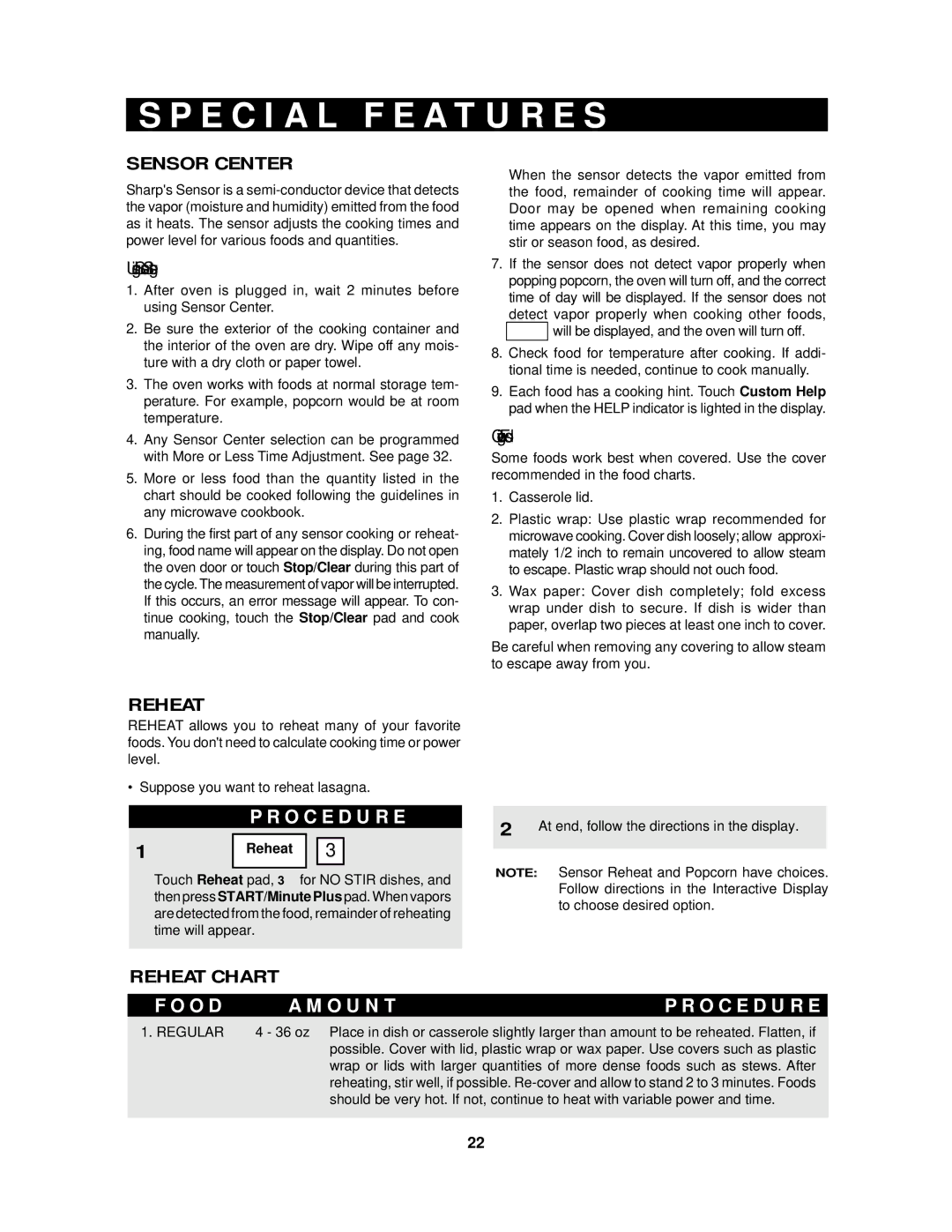 Sharp R-2120J, R-2130J manual E C I a L F E a T U R E S, Sensor Center, Reheat Chart 