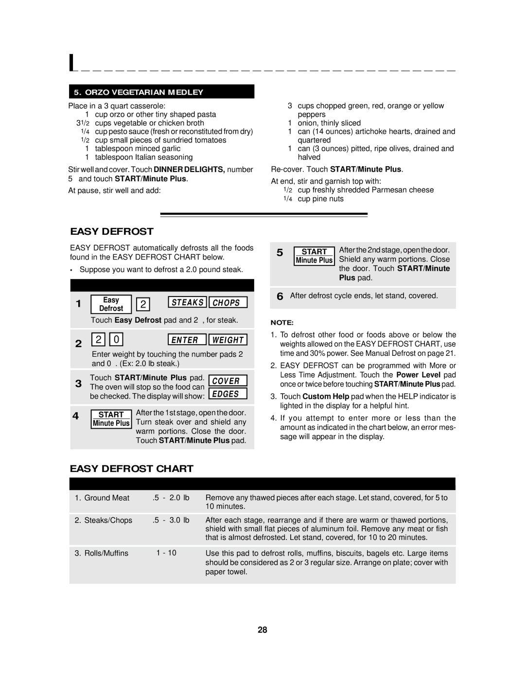 Sharp R-2120J, R-2130J manual Easy Defrost Chart, Orzo Vegetarian Medley 