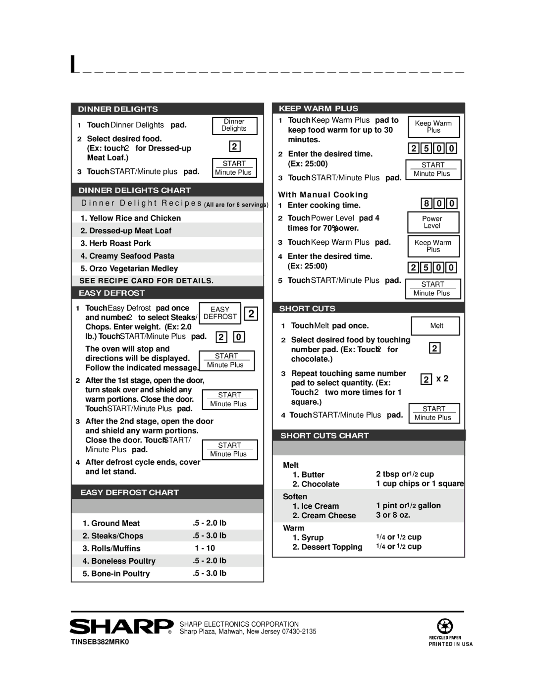 Sharp R-2120J, R-2130J manual Dinner Delights Chart, Easy Defrost Chart, Short Cuts Chart 