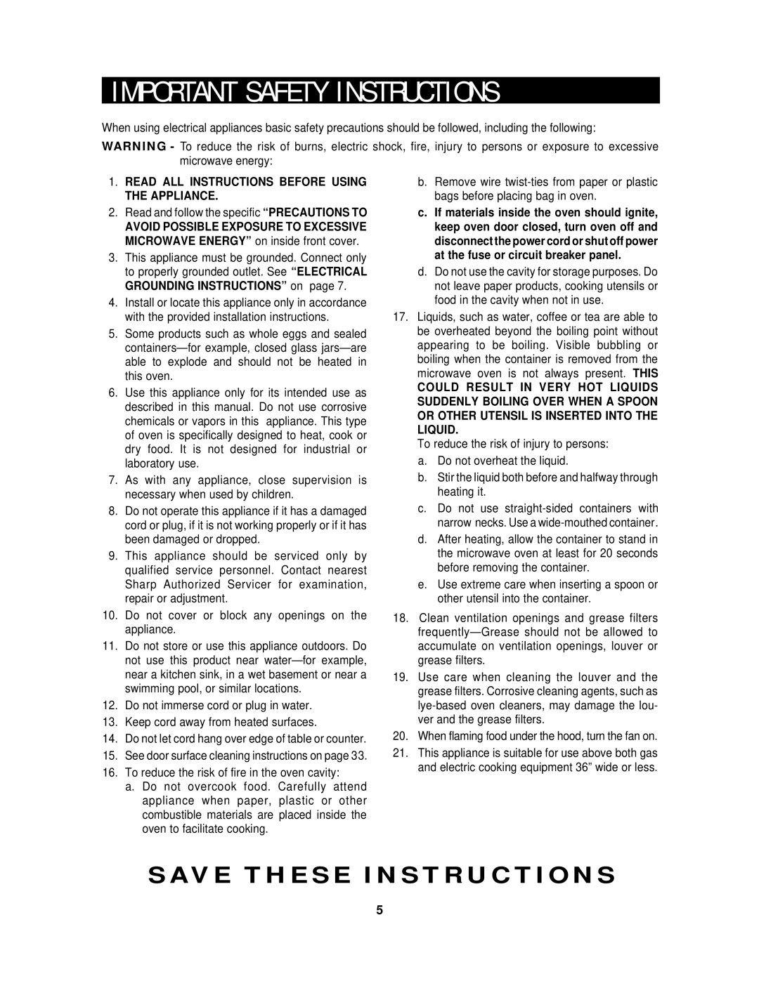 Sharp R-2130J, R-2120J P O R T a N T S a F E T Y I N S T R U C T I O N S, Read ALL Instructions Before Using the Appliance 