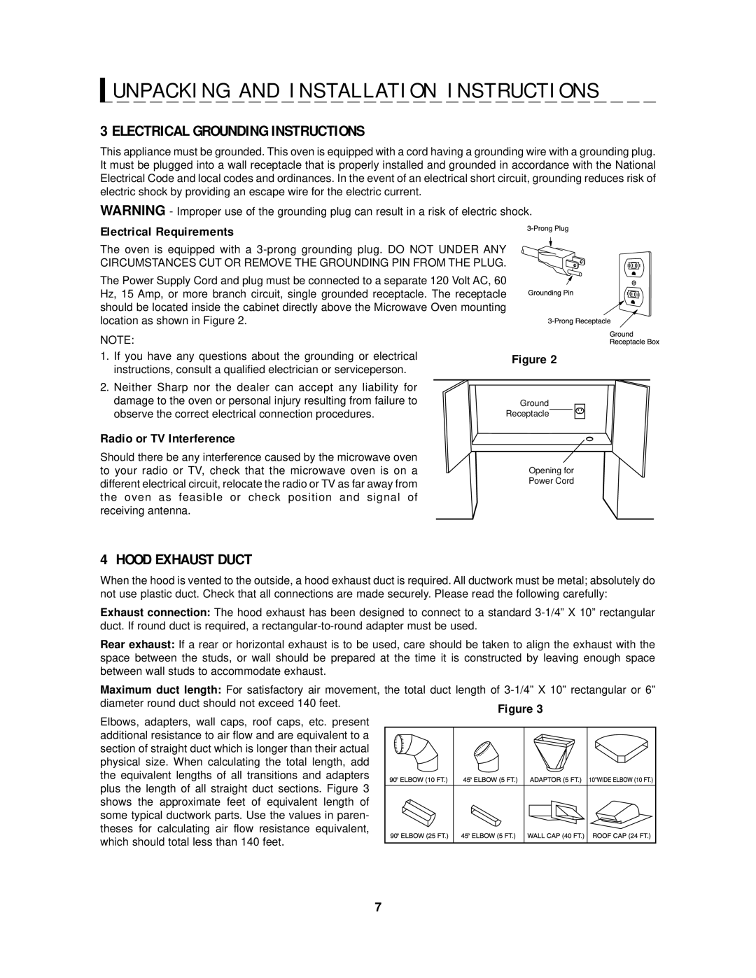 Sharp R-2130J, R-2120J manual Electrical Grounding Instructions, Hood Exhaust Duct 