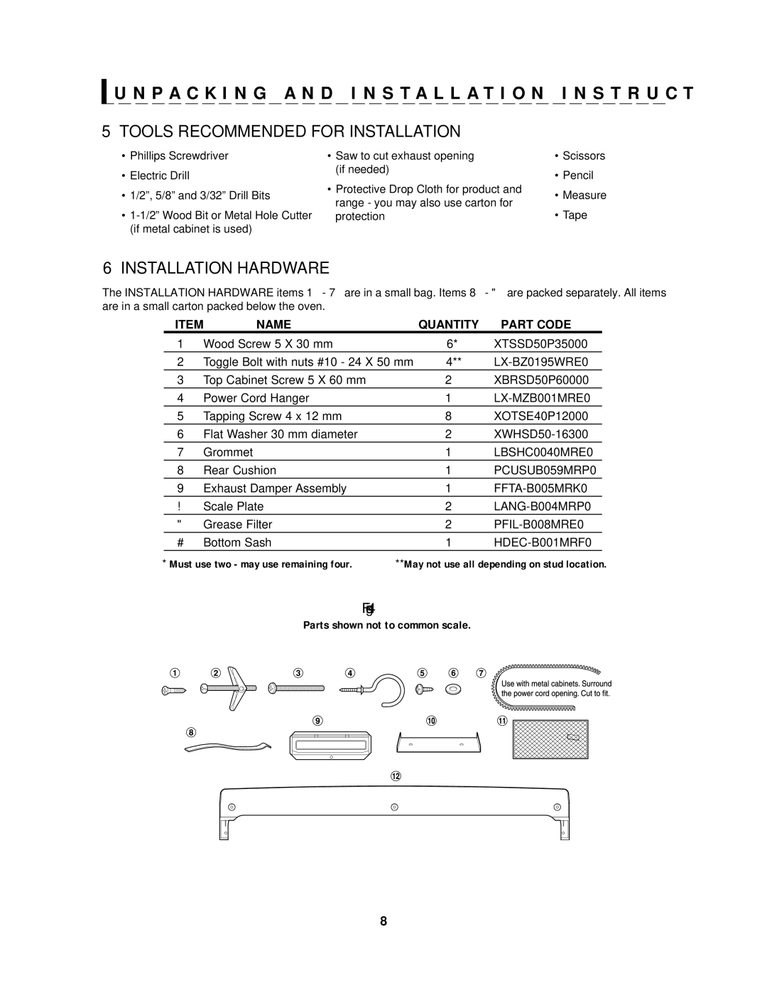 Sharp R-2120J, R-2130J manual Tools Recommended for Installation, Installation Hardware, Name Quantity Part Code 