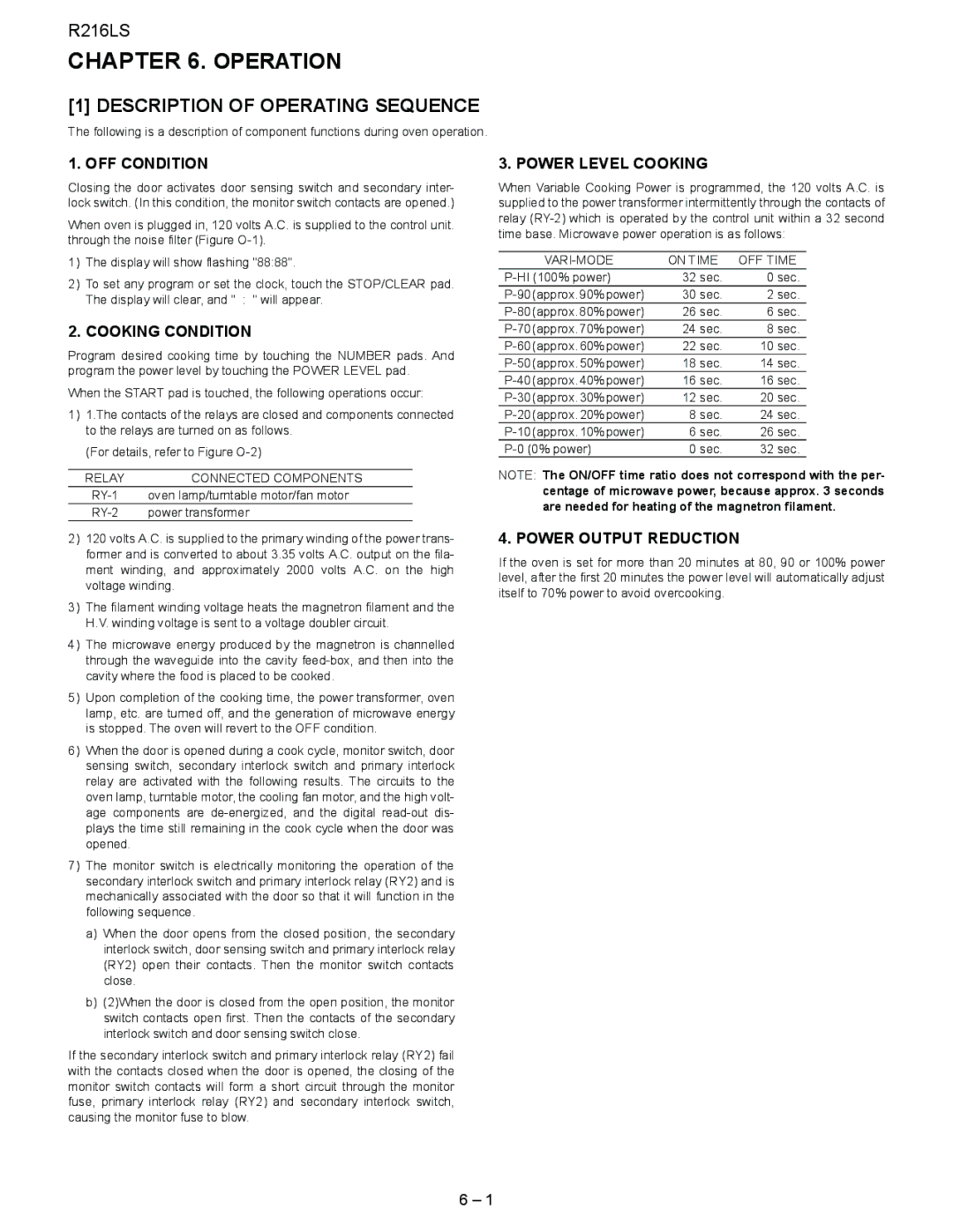 Sharp R-216LS service manual Description of Operating Sequence, OFF Condition, Cooking Condition, Power Level Cooking 