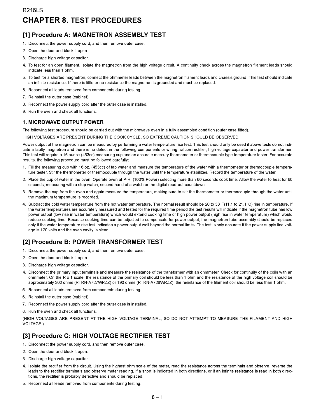 Sharp R-216LS service manual Test Procedures, Procedure a Magnetron Assembly Test, Procedure B Power Transformer Test 