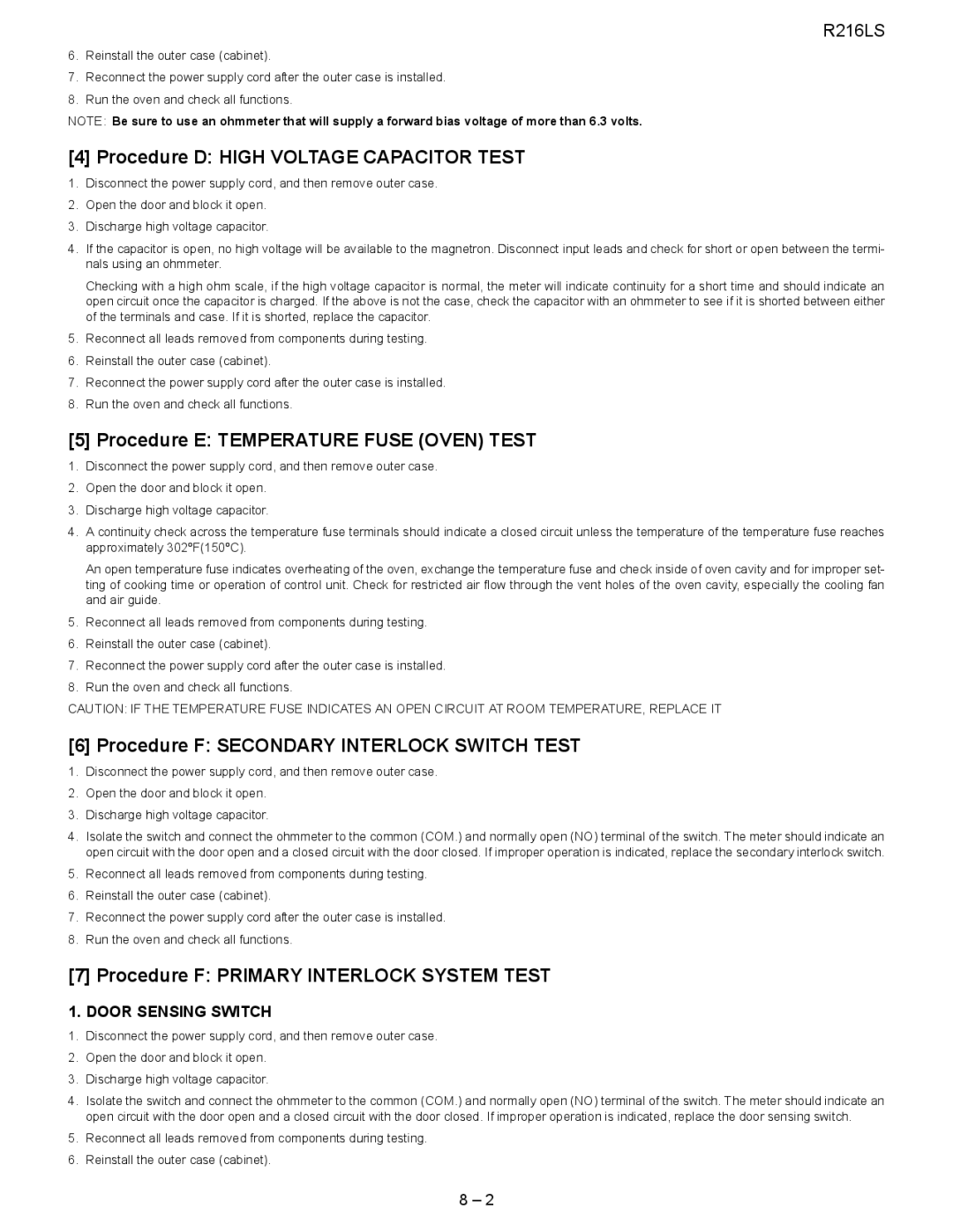 Sharp R-216LS Procedure D High Voltage Capacitor Test, Procedure E Temperature Fuse Oven Test, Door Sensing Switch 