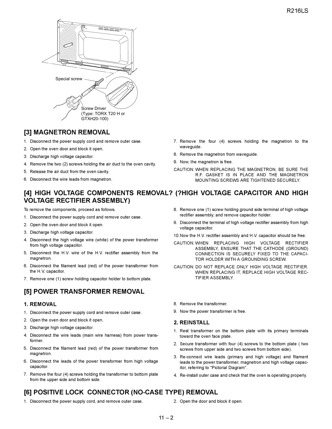 Sharp R-216LS Magnetron Removal, Power Transformer Removal, Positive Lock Connector NO-CASE Type Removal, Reinstall 