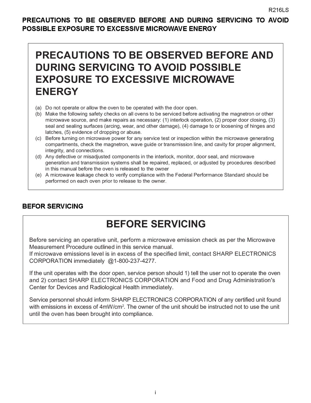 Sharp R-216LS service manual Before Servicing 