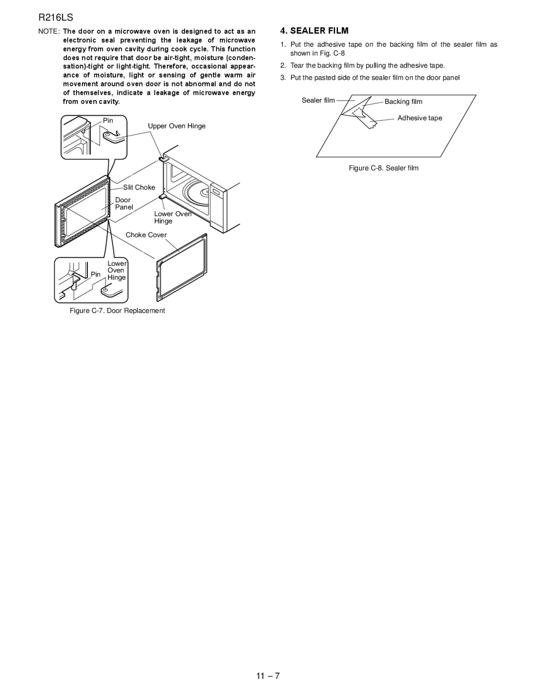 Sharp R-216LS service manual Sealer Film, Figure C-7. Door Replacement 