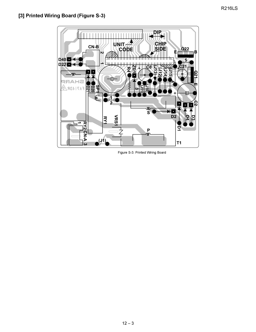 Sharp R-216LS service manual Printed Wiring Board Figure S-3, Dip, Unit, Code, Chip Side 